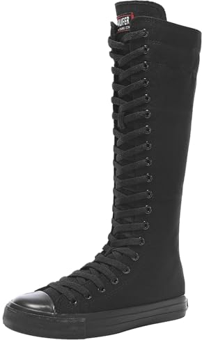 Jamron Chicas Mujer Moda Rodilla Alta con Cordones Botas de Lona Puro Negro Cremallera Botas de Danza SN811 EU38