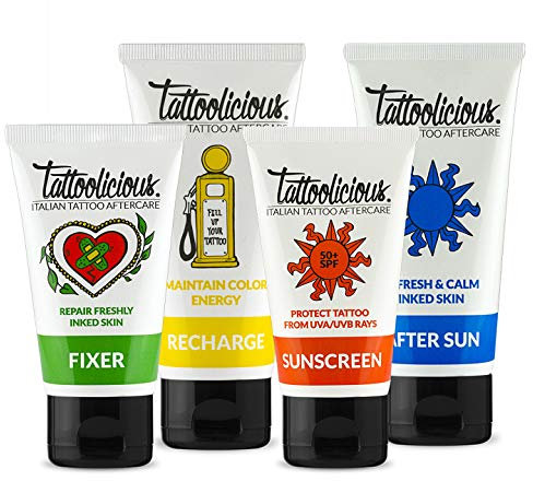 Tattoolicious COMPLETE COMBO - FIXER + RECHARGE + SUNSCREEN 50+ SPF + AFTER SUN- Le Soin, L'entretien et La Protection Solaire pour le Tatouages avec Ingrédients actifs biologiques.
