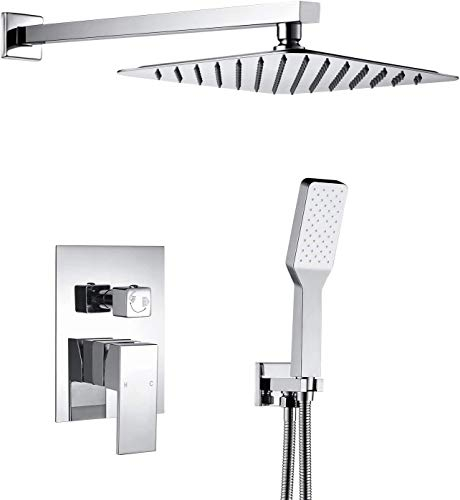 Kibath 466351 Grifo monomando empotrar CAS salida pared. Acabado cuadrado cromo brillo. Incluye soporte con toma agua, flexo PVC plateado, brazo ducha y rociador extraplano, 1