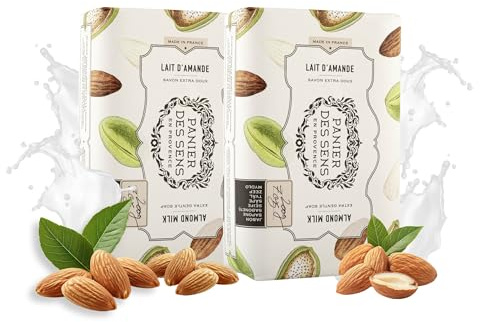 Panier des Sens Feste Seife Mandel 2x200g mit pflegendem Sheaöl | 3-fach gemahlene Marseille Seife für ein besonders feines, festes Seifestück mit cremigem Schaum, Hand & Körper Duftseife