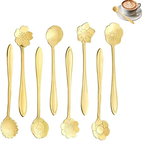 LYTIVAGEN 8 Pièces Cuillères à Café Cuillères à Thé en Forme de Fleur Cuillère en Acier Inoxydable pour Dessert, Sucre, Crème Glacée et Confiture (Or)