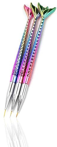 Omenluck 3 Pcs Multicolor Mermaid Nail Art Brushes Pens UV Painting Drawing Pen Fish Tail Detailer Thin Liner Dotting Tool