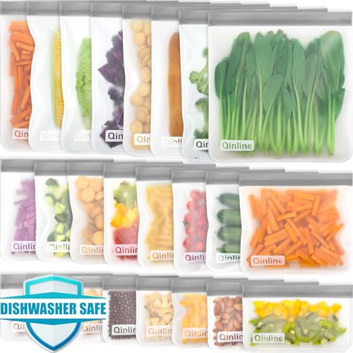 Qinline Reusable Food Storage Bags - 24 Pack Freezer Bag, Reusable Bags Silicone, Extra Thick Leakproof Lunch Bag