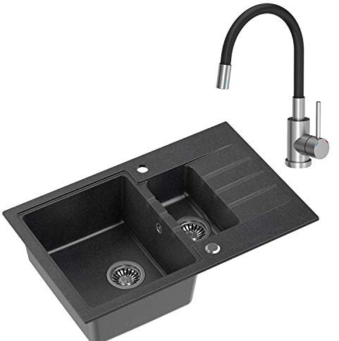 VBChome Fregadero con grifo de 78 x 50 cm, color negro, 20 cm, 1,5 senos, gran escurridor, fregadero empotrable a partir de 55 cm, con sifón flexible