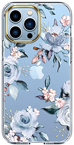 luolnh Compatible with iPhone 13 Pro Max Case with Flower,for Girly Women,Shockproof Clear Floral Pattern Hard Back Cover for iPhone 13 Pro Max 6.7 inch 2021-Blue