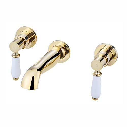 ENKI, Downton, BT0605, English gold, Wall Mounted Basin Mixer Tap, 3 Hole, Traditional White Ceramic Twin Levers, Solid Brass Mixer Taps for Bathroom, Easy to Install, 10-Year Guarantee