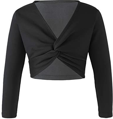 Alvivi Mädchen Sport Crop Tops Langarm Shirt Ballettjacke Wickeljacke Bolero Bauchfrei Oberteile Tanz Gymnastik Training Yoga Tops Ac Schwarz 158-164