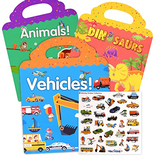 Surcotto Stickerbuch ab 1 2 3 4 5 Jahre, Wiederverwendbare Sticker Kinder(Fahrzeuge+Tiere+Dinosaurier), Sticker Buch für Mädchen und Jungen, Sensory Play, für Unterwegs Auto Flugzeug Zug Reise