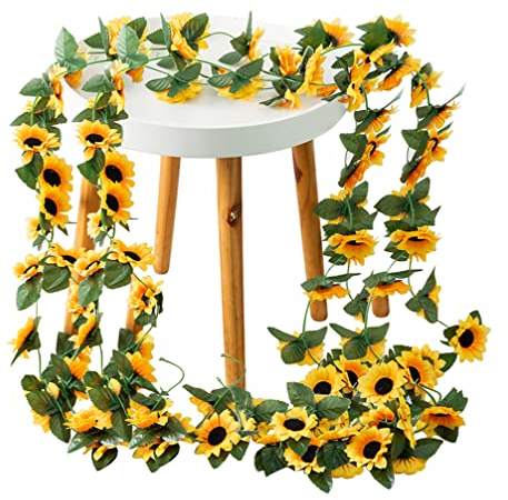 Happyupcity 2PCS 8.2Ft Artificial Sunflower Garland Silk Sunflower Vine with Green Leaves Hanging Sunflowers for Wedding Party Home Garden Decoration