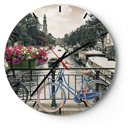 Modern Wanduhr Amsterdam Fahrräder Brücke 40x40cm Rund Groß Wand Uhr Glas Analog Zimmeruhren Küche Büro Wohnzimmer Glasuhr Wall Clock Dekoration Design Wanddekoration Küchenuhr C3AR40x40-4503