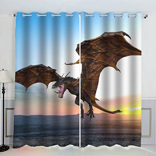 Aolity 2 Stück Gardinen Drachen Mythologie Tier Drache Vorhänge Verdunkelung Vorhang Blickdicht mit Ösen Wohnzimmer Gardinen Kinderzimmer Schlafzimmer Gardinen Kurz 234 x 137 BxH