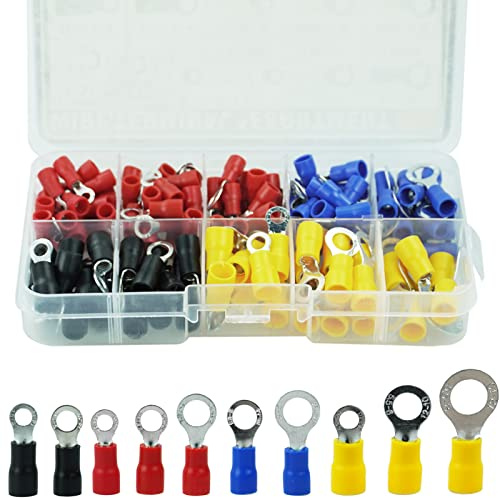 150 Pcs Ring Crimps Terminals Connectors, Insulated Electrical Terminals Wiring Connectors O-Type Assortment Kit for Automotive Car Motorcycle Repairs