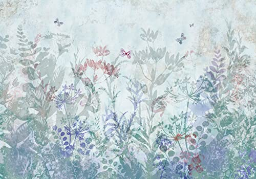 decomonkey Fototapete selbstklebend Blumen Wiese 343x256 cm Selbstklebende Tapeten Wand Fototapeten Tapete Wandtapete klebend Klebefolie Pflanzen Motiv Romantik Natur Blau Grün Türkis