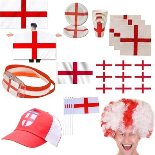 80PCS England St George Accessories For Football Euro Cup FIFA World Cup Party Decorations - 5x3Ft Flag, Wearable Flag,LED Wrist Band,Afro Wig,Base Ball Cap,Hand Flags, Plates, Cups, Napkins, Stickers