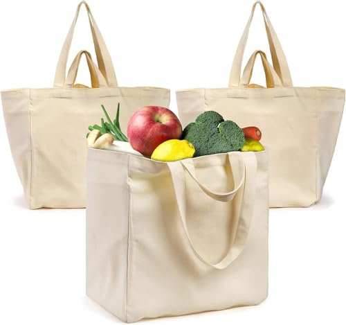 Tosnail 3 Pack Thick Canvas Grocery Tote Bags with Bottle Sleeves, Large Reusable Shopping Bags Cloth Bags with Long Shoulder Strap and Short Handles, 35.5x24.5x38cm