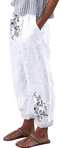 Damen High Waist Leinenhose Sommer Baggy 7/8 Lose Leinen Baumwolle Hose für Frauen Sommerhose Damen Leicht Luftige Stoffhose Freizeithose Pumphose Yogahose Jogginghose Sporthose 1#weiß3