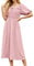 GRECERELLE Womens Summer Casual Midi Maxi Dress Square Neck Half Sleeve Ruffled Backless Smocked Elastic Waist Swiss Dot Cocktail Long Dresses for Ladies (Light Pink, L)