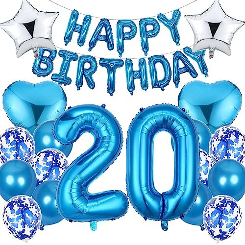 Ouceanwin Luftballon 20. Geburtstag Deko Jungen, Blau Geburtstagsdeko 20 Jahre Junge, Folienballon Happy Birthday Deko 20. Geburtstag Kinder, Ballons 20. Geburtstags Dekoration Set