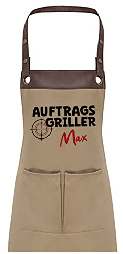 TASSENPALAST Premium Grill-Schürze mit Spruch personalisierbar mit Wunschnamen - Grillschürze Lustig - Unisize (Auftragsgriller - Khaki)