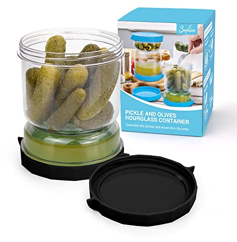 SOPHICO Pickle and Olives Jar Container with Strainer Flip, Leak-proof Juice Separator Hourglass Food Saver Storage Container (Transparent Black)