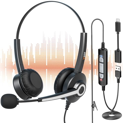 Wantek Cuffie USB con microfono per laptop, cuffie per chiamate ultra chiare per PC con microfono a cancellazione di rumore e controlli in linea,archetto regolabile per computer PC, desktop