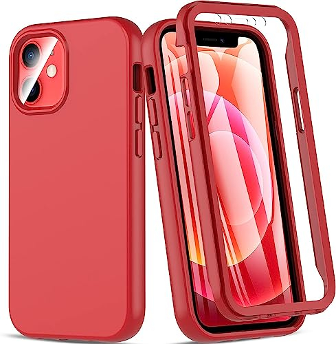 Hensinple iPhone 12 Mini Hülle - 360 Grad Rundumschutz Mit Eingebautem 9H Displayschutz, Stoßfest Schutzhülle Bumper Case Cover - Rot