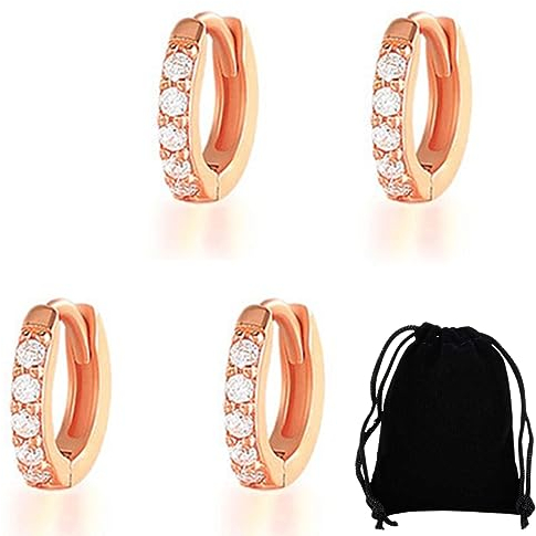 LICHUANUK 2 Paires Petites Boucles D'oreilles Plaqué Mini Creole pour Femmes Boucles d'oreilles CZ Hypoallergénique Cartilage Petites Boucles D'oreilles Anneau Piercing 6mm 8mm, diamants, or rose