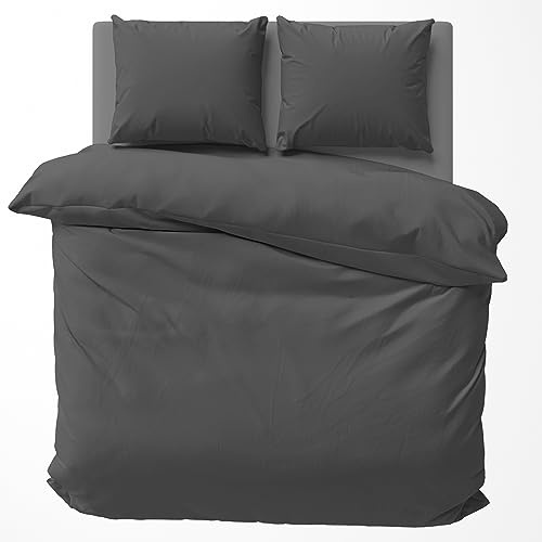 Visaggio Baumwolle Bettwäsche 200x220 cm Einfarbige Bettbezug Garnitur Schlafzimmer Set Partner Bettwäsche Anthrazit