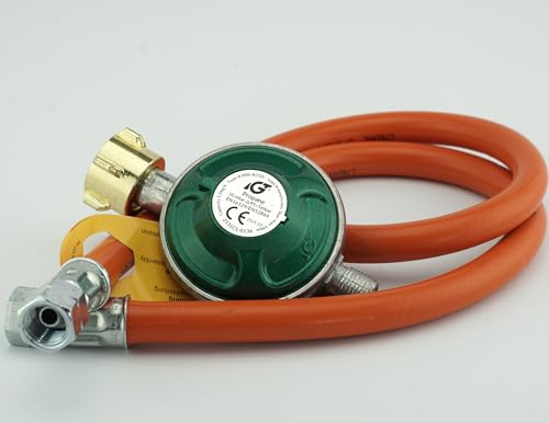 Réducteur de pression avec autocollant de sécurité - Régulateur de pression de gaz en kit avec tuyau de différentes longueurs pour réchaud à gaz, barbecue à gaz ou barbecue à paella (50 mbar avec