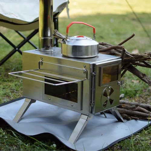 SUYUDD Klappbarer Zelt-Holzofen mit Glas, tragbarer Kleiner heißer Zeltofen, Holzofen, Camping mit 1,8 m Kamin, tragbarer Winterüberlebensofen