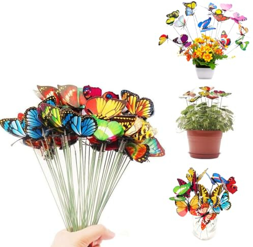 NHPY 50 Stück 6CM Schmetterlinge deko,deko Schmetterlinge,Garten Schmetterlinge Stangen Garten Ornamente für Hof Patio Party Dekorationen