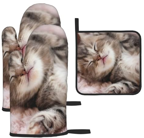 Lot de 3 gants de cuisine avec pince pour barbecue Motif chat endormi