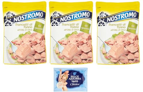 3er-Pack Nostromo Trancetti di Tonno all'olio di oliva,Thunfischsteaks in Olivenöl,1Kg Beutel + 1er-Pack Kostenlos Felce Azzurra Talkumpuder, 100g-Beutel