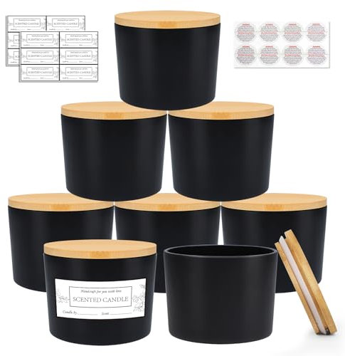 CONNOO 8 Stück 340 ml mattschwarze Glas-Kerzengläser mit breiter Öffnung für die Herstellung von Kerzen mit luftdichtem Bambusdeckel, schöne klebrige Warnetiketten für die Kerzenherstellung, leere
