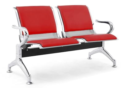 FBasic 2-Sitzer Bank aus Stahl 125x71x78H Silber für Wartezimmer | Mit Sitz- und Rückenkissen ROT | Bank mit Armlehnen