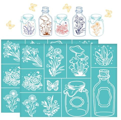OLYCRAFT 2 Stück 28x22cm Geschichtete Gläser Selbstklebende Siebdruck Schablone Flaschen Blumen Siebdruck Schablone Fantasy Thema Netz Schablonen Transfer Für DIY T-Shirt Stoffmalerei