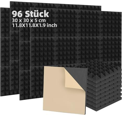 Fiqops 96 Stück Akustikschaumstoff Selbstklebend Akustikpaneele 5x30x30 cm Schalldämmung wand Echo-Fliesen reduzieren,Schallschutz für Tonstudio,Gaming Deko,Podcasts, Schwarz Pyramide
