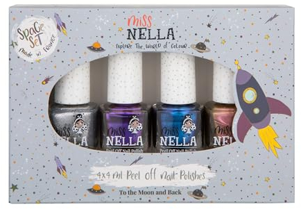 Miss Nella magische Safari Glitzer Nagellack 4er Set: rosa, rot Lila & blau, abziehbarer Nagellack speziell für Kinder, Peel-Off-Formel, ungiftig, wasserbasiert und geruchsneutral (Space)