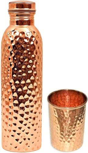 BishtHub 1 botella de agua de cobre con 1 juego de vasos de vidrio de cobre (botella de 1000 ml, vidrio de 300 ml) juego de vasos mezclados, vasos de regalo para cocina, utensilios de cobre