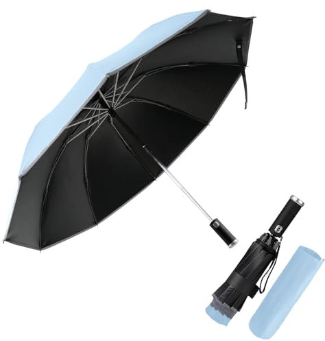 Pioggistar Paraguas Plegable Automático, Paraguas Invertido, Paraguas Plegable Antiviento 10 Varillas para Hombre y Mujer, Equipado con Linterna, Diámetro 105cm, Azul cielo