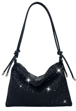 TOFBS Damen Clutch Abendtasche Glitzer Tasche Strasssteine Clutches Handtasche Umhängetasche mit Reißverschluss und Verstellbarer Knoten Schultergurt(Schwarz)