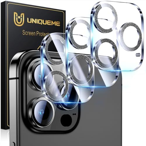 UniqueMe per iPhone 16 Pro/iPhone 16 Pro Max Pellicola Fotocamera - HD Schermo, la Fotografia con Flash non è Influenzata, Anti-graffio, Durezza 9H, 3 Pezzi-Nero Glitterato