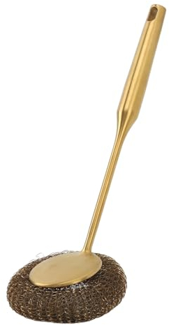 Topyond Estropajo de Lana de acero con Mango Largo, Cepillo para Platos de acero Inoxidable Inoxidable para fregador de ollas y sartenes, Estropajo de Lana de acero con Mango, (Gold)