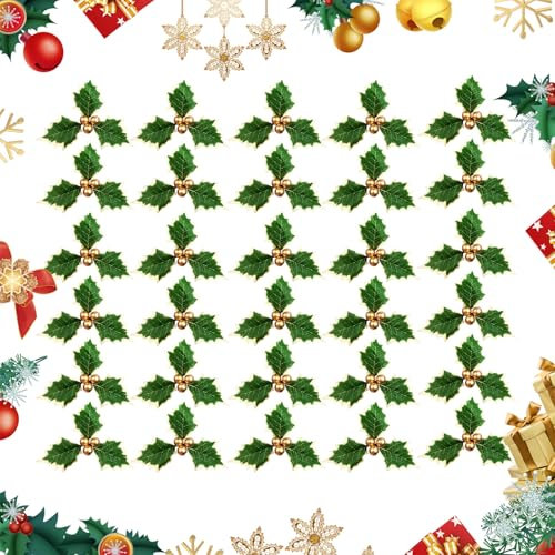 LUVDECO 30 Stück Künstliche Stechpalmen Dekoration, Künstliche Stechpalmen-Rote Beeren, Rote Beeren Zweige für Weihnachts, Kranz Dekoration Materialien, DIY Handwerk, Home Decor (Golden)