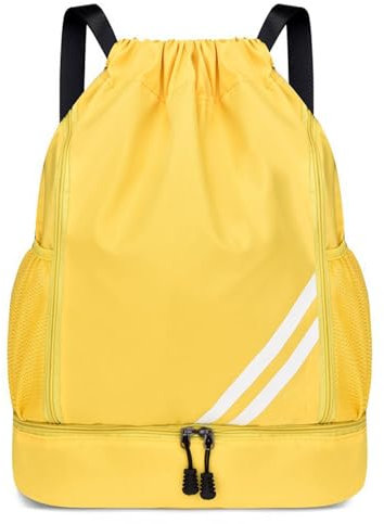 CCAIPU Turnbeutel mit Kordelzug, Wasserdichte Sporttasche mit Schuhfach und seitlichen Netztaschen für Damen und Herren (Gelb)