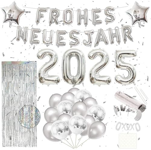 Silvester Deko 2025 XXL Dekoration Set, Happy New Year 2025 Deko mit Folienballons, Latex Luftballons, Silber Lametta Vorhang, Luftschlangen Silvester, für 2025 Silvester Party Deko Neujahrsdeko