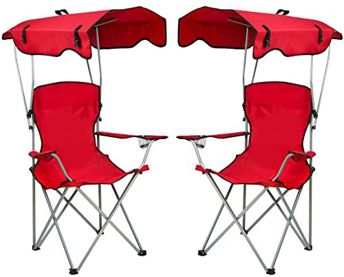OHMG Chaise de Camping Pliante avec Toit Parasol,Porte-Boisson,Portable Chaise de Pêche en Cadre Métalliquepour Camping Pêche Excursion Plage,Charge Max 120 kg (Rouge-2P)