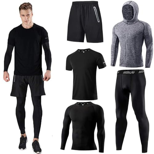 Herren Sport-Laufset (4er oder 5er Pack) Athletisches Shirt+Short/Kompressionsshirt+Hose mit Mantel Trainingsanzug Gymnastikanzüge