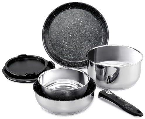 ROSSETTO Set de casseroles induction 7 pièces poele inox batterie de cuisine avec poignées amovibles, poêle antiadhésive sans PFOA de 20/26 cm et casserole de 16/20 cm, résistante au four