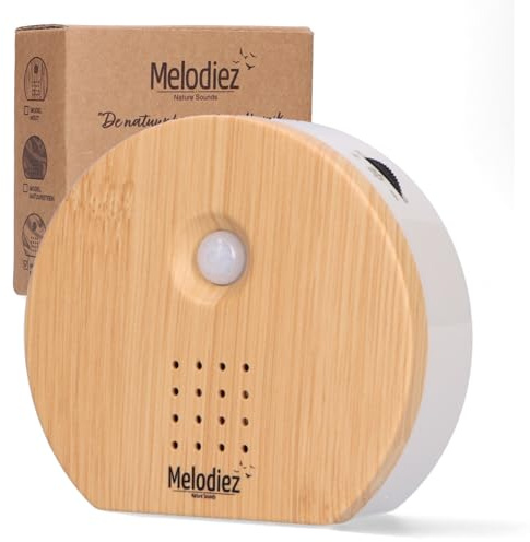 Melodiez Vogelklang-Häuschen mit Sensor – Box inkl. Batterien und 4 natürlichen Vogel-, Ozean- und Dschungelklängen – Vogelhaus mit Geräusch – Für Zuhause oder WC (Holz, Kompaktes Design)